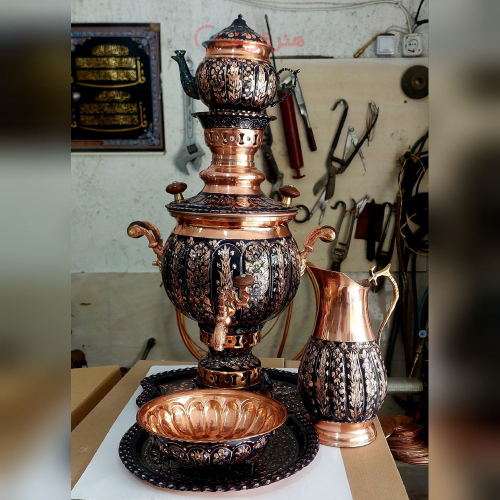 خرید، قیمت و مشخصات سماور ۴ لیتری مسی با سرویس پخدار مدل الماس تراش نانو، جدید و ساده_ هنرظریف
