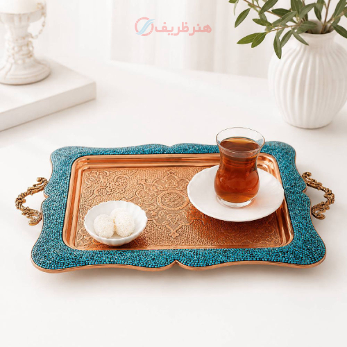 خرید، قیمت و مشخصات سینی فیروزه کوبی پرنسا، مدل دسته دار؛ با کیفیت بالا _ هنرظریف