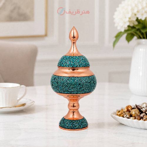 خرید، قیمت و مشخصات شکلات خوری مسی با فیروزه اصل نیشابور؛ با کیفیت بالا _ هنرظریف