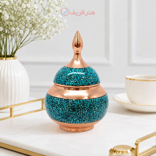 خرید، قیمت و مشخصات قندان مسی با فیروزه کوبی اصل نیشابور؛ با کیفیت بالا _ هنرظریف