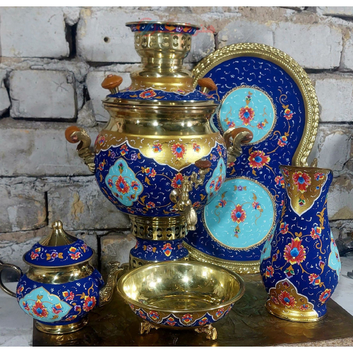 سماور برنجی پرداز گل و بوته ۴ لیتری با قوری | هنرظریف