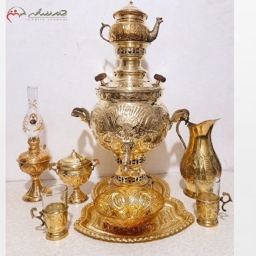 خرید آنلاین، سرویس 9 پارچه سماور ذغالی برنجی در دو رنگ آنتیک و طلایی، قلمزنی شده، بدون تغییر رنگ با ضمانت کالا، با قیمت مناسب | هنرظریف