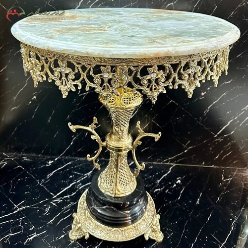 خرید آنلاین، میز اسلیمی گرد برنزی، طرح ستون زنبوری، صفحه و پایه از جنس سنگ مرمر، فوق العاده زیبا، زیر قیمت بازار | هنرظریف