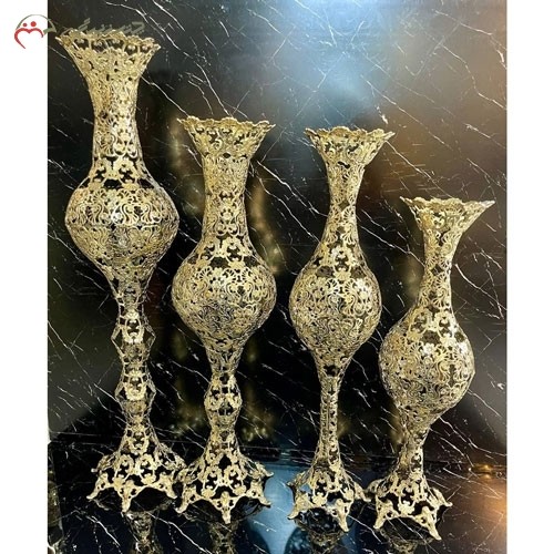 خرید آنلاین، گلدان های برنزی در 4 سایز مختلف طرح گل یاس ، پایه دار طلایی رنگ، پر کار و شکیل، زیر قیمت بازار | هنرظریف