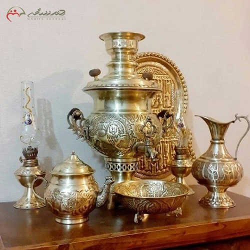 خرید آنلاین، سرویس کامل سماور زغالی برنجی 4 لیتری لبه دار دسته توری و مهر دار ، قلم کاری شده با ضمانت نامه، زیر قیمت مناسب | هنرظریف