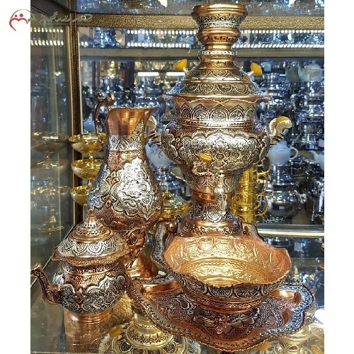 خرید، قیمت و مشخصات ست کامل سماور ذغالی 5 لیتری با آبکاری نقره و مس، تولید شده با ورق ضخیم برنجی و قلم زنی کار دست، زیر قیمت بازار | هنرظریف