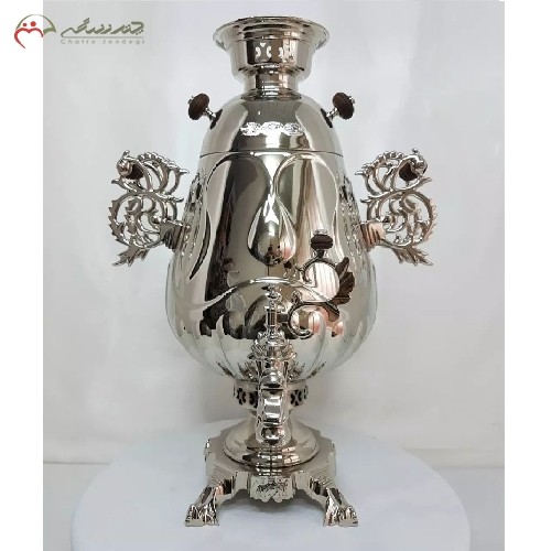 خرید، قیمت و مشخصات سماور ذغالی 9 لیتری مستر جام با بدنه ی ریخته گری شده با پایه های مشبک و سر شیر های طرح اژدها، زیر قیمت بازار | هنرظریف