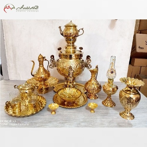 خرید آنلاین، سرویس 14 پارچه سماور ذغالی تبریز 6 لیتری با ضمانت رنگ و بدنه محصول، قلمزنی اعلاء، با قیمت مناسب | هنرظریف