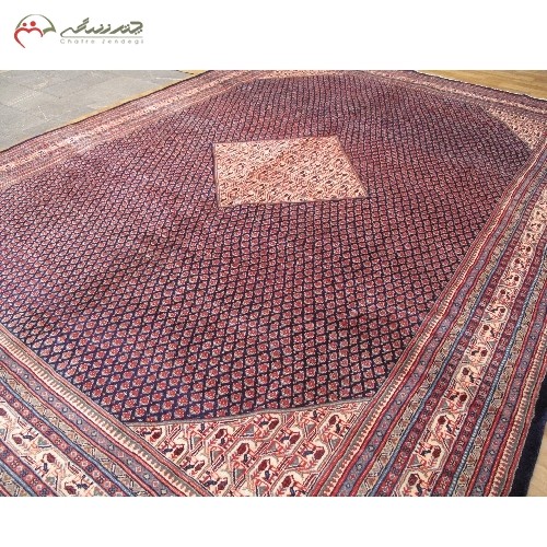 خرید آنلاین، فرش دستبافت ساروق میر کد 39265 با طرح زمینه ترنج، متن سرمه ای و حاشیه های کرم رنگ، با قیمت عالی | هنرظریف