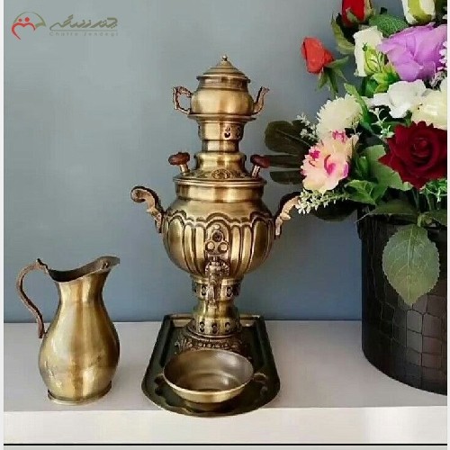 خرید آنلاین، سرویس سماور ذغالی برنجی 1 لیتری همراه با پارچ، طرح خطی با ضمانت و کیفیت بی نظیر، شیک و چشم نواز، با قیمت مناسب | هنرظریف