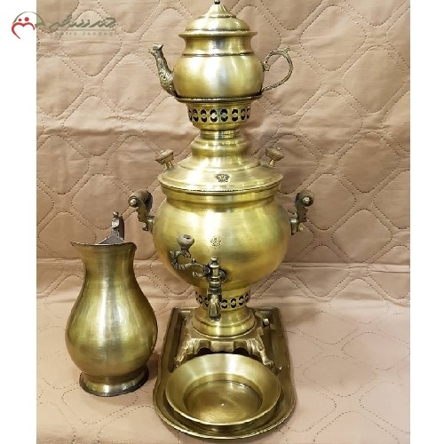 خرید آنلاین، سماور ذغالی برنجی 4 لیتری کد 116 در طرح شکمی، دارای ست پارچ و قندان و سینی با ضمانت نامه، زیر قیمت بازار | هنرظریف