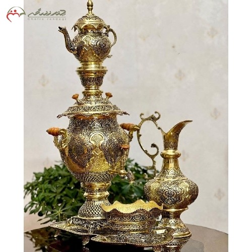 خرید آنلاین، سرویس سماور زغالی برنجی 5 لیتری ، ورق درجه یک و کیفیت عالی، دارای گارانتی و قلم زنی بسیار پر نقش و زیبا، زیر قیمت بازار | هنرظریف