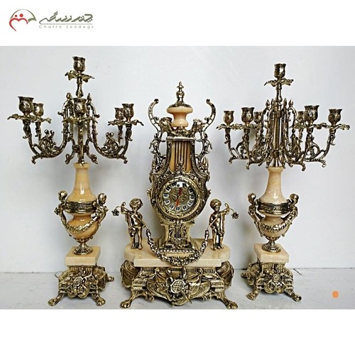 خرید آنلاین، ست ساعت و شمعدان برنزی سلطنتی، سه تکه، پایه دار همراه با سنگ پرتقالی و سنگ مرمر درجه یک، با قیمت مناسب | هنرظریف