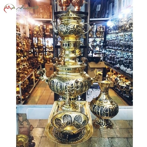 خرید آنلاین، سرویس زیبای سماور ذغالی برنجی کد 116 کار شده با سیاه قلم، رنگ طلایی و عدسی با ضمانت یک ساله، با قیمت مناسب | هنرظریف