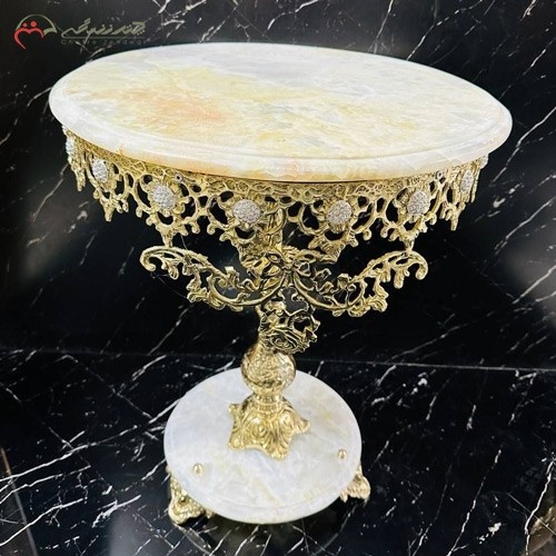 خرید آنلاین، میز اسلیمی برنزی در طرح گل آفتابگردان و پایه هایی از جنس سنگ مرمر، همراه با صفحه ی شیشه ای، قیمت مناسب | هنرظریف