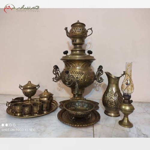 خرید آنلاین، سرویس سماور ذغالی برنجی 7 لیتری با طرح عدسی مدل لبه استکانی، با قیمت مناسب | هنرظریف