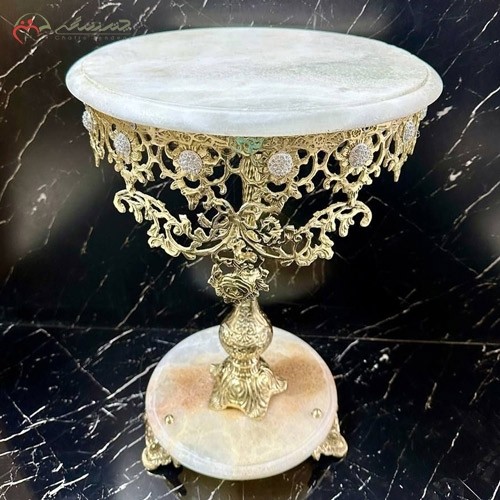 خرید آنلاین، میز خاطره اسلیمی برنزی در طرح خورشیدی و پایه های سنگ مرمر و صفحه سنگی، زیر قیمت بازار | هنرظریف