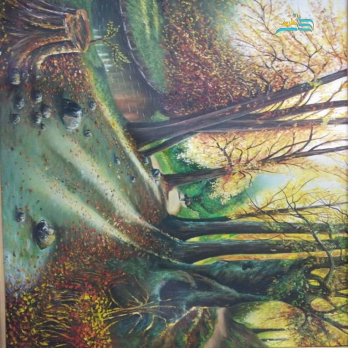 نقاشی نور پاییز با تکنیک رنگ روغن، دارای برگهای برجسته و با درخشش بالا - هنرظریف