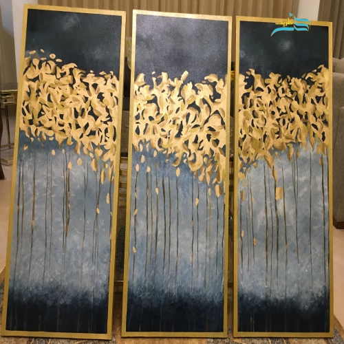 تابلوهای پاییز طلایی مزین شده به ورق طلا، کارشده با قاب نما و بدون نیاز به قاب