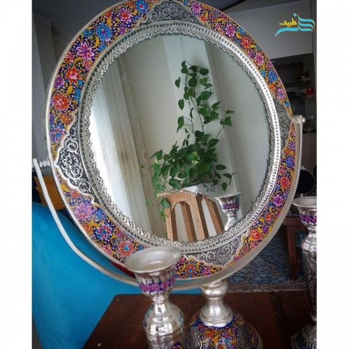 سرویس آینه گهواره ای و شمعدان برنجی روکش نقره نقاشی شده با دست