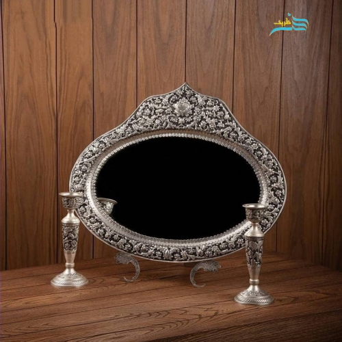 سرویس آینه شمعدان نقش گل برجسته برنجی قلمزنی روکش نقره - هنرظریف