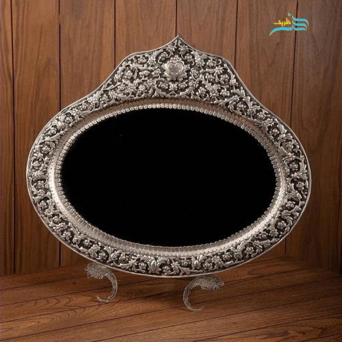 سرویس آینه شمعدان نقش گل برجسته برنجی قلمزنی روکش نقره