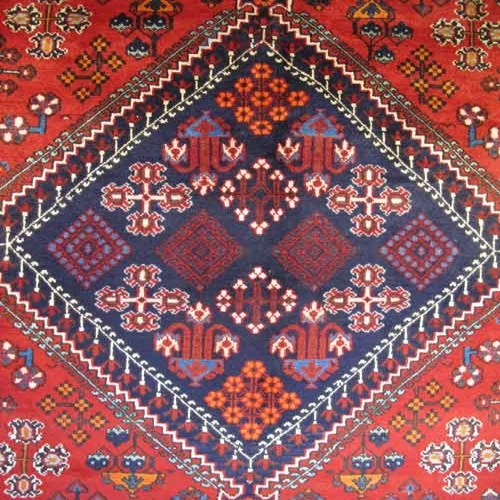فرش دستباف ميمه طرح لچک و ترنج سایز قالي رنگ زمینه لاكي رنگ حاشیه سرمه اي کد ۳۹۳۰۷