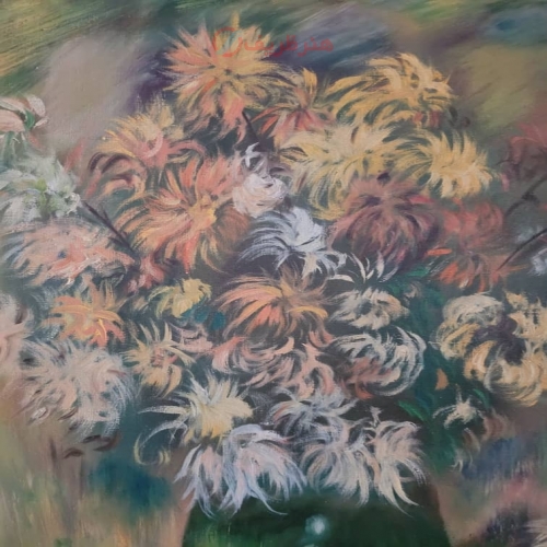 تابلوی نقاشی رنگ روغن گل های داوودی به همراه قاب، با کیفیت و ضمانت
