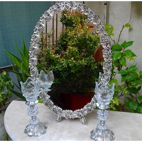 آیینه و شمعدان عقد گل رز نقره ای، رنگ ثابت، با کیفیت بالا و درجه یک، زیبا و نفیس - هنرظریف