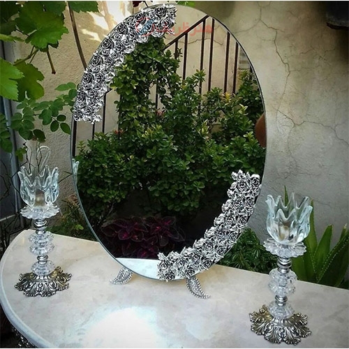 سرویس آینه و شمعدان عقد عروس، گل رز نقره ای رنگ ثابت، با رنگ ثابت و ماندگار