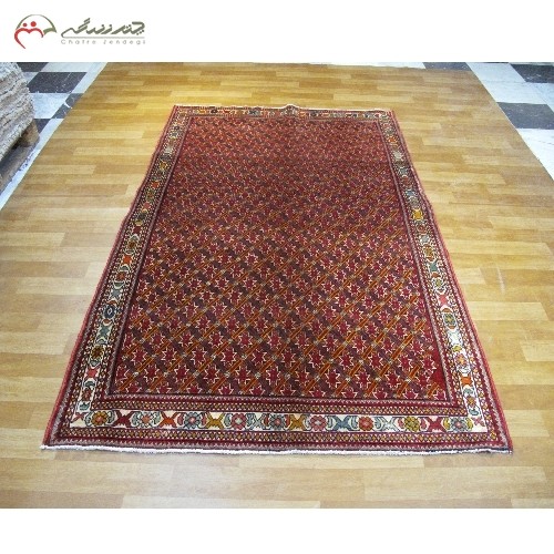 فرش دستبافت شیراز کد 39323 با نقشه عالی، طرح پرده ای با زمینه لاکی و حاشیه کرم - هنرظریف