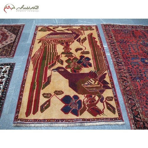 فرش دستبافت شیراز کد 40047 در طرح چشم نواز طاووس با رنگ زمینه ی کرم و حاشیه های لاکی، دارای گارانتی
