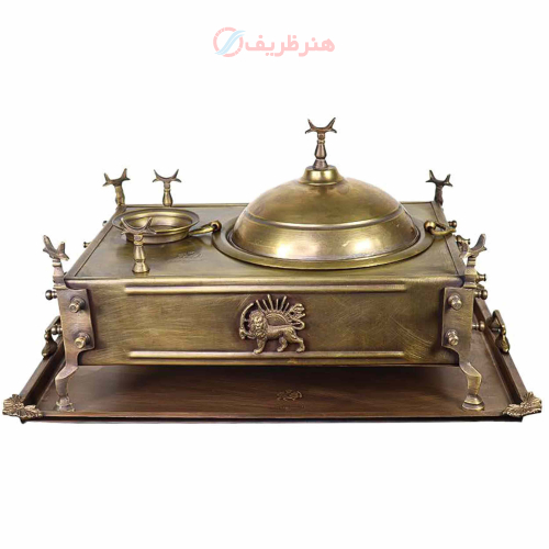 منقل زغالی برنجی مستطیلی کاسه دار با سینی