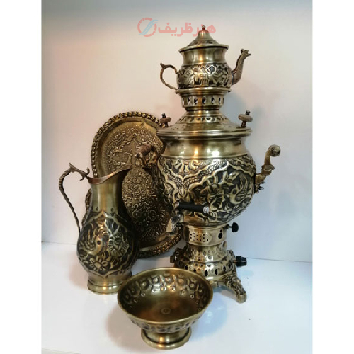 سرویس سماور زغالی برنجی شش لیتری طرح گل و مرغ