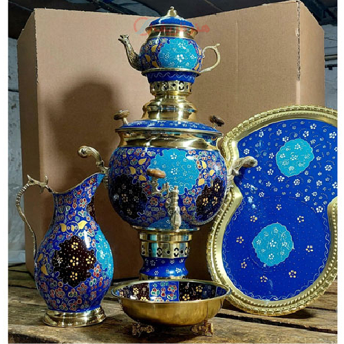 سرویس سماور زغالی برنجی چهار لیتری الماس تراش برنج فیروزه