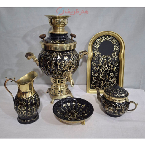سرویس سماور زغالی برنجی سه لیتری مدل الماس تراش