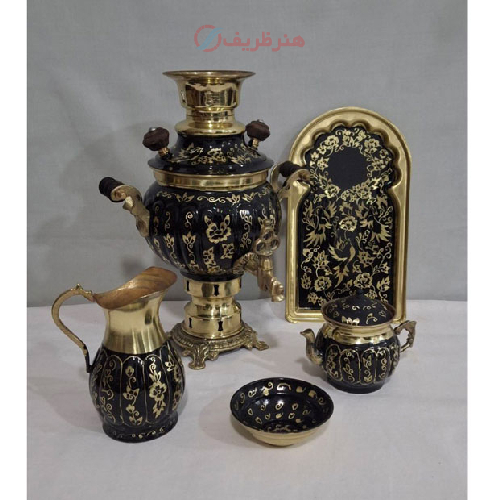 سرویس سماور زغالی برنجی یک لیتری مدل الماس تراش_ هنرظریف
