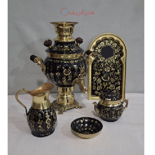 سرویس سماور زغالی برنجی یک لیتری مدل الماس تراش