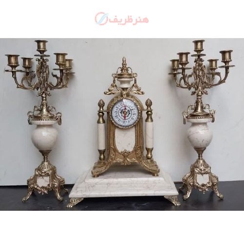 ست ساعت و شمعدان پنج شاخه سنگ مرمر سفید