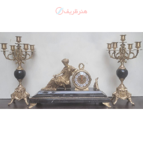 ست ساعت و شمعدان برنزی مدل زن نشسته پنج شاخه