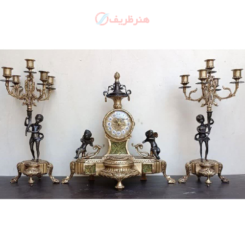ست ساعت و شمعدان برنزی پنج شعله طرح چهار فرشته