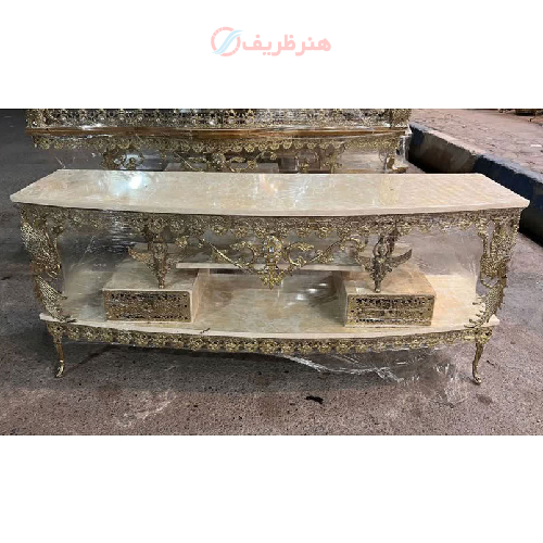 میز تلویزیون نیم گرد برنزی طرح سیمرغ دو کشو
