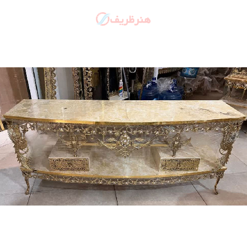 میز تلویزیون برنزی نیم گرد طرح سیمرغ دو کشو با حاشیه گل