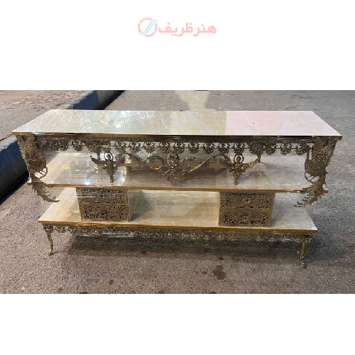 میز تلویزیون برنزی چهار کشو طرح سیمرغ و دو فرشته