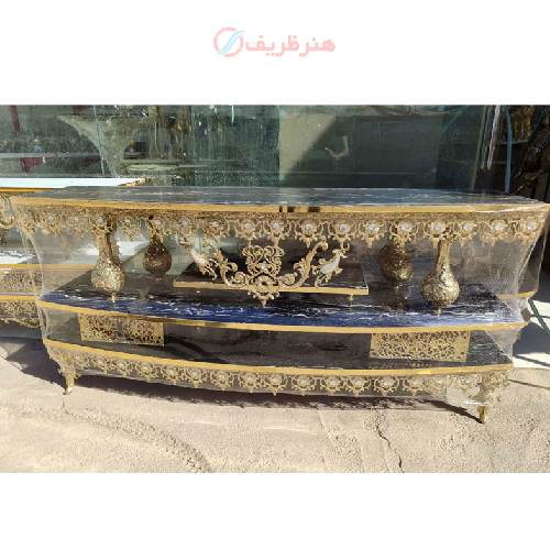 میز تلویزیون برنزی نیم گرد مشکی مدل دو کشو