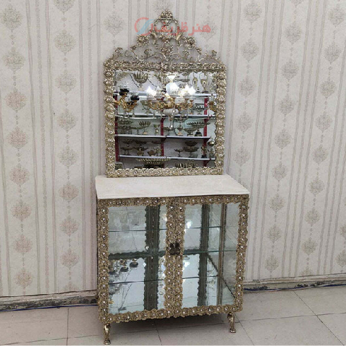 آینه کنسول برنزی ویترین دار مدل گل رز برجسته_ هنرظریف