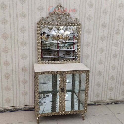 آینه کنسول برنزی ویترین دار مدل گل رز برجسته