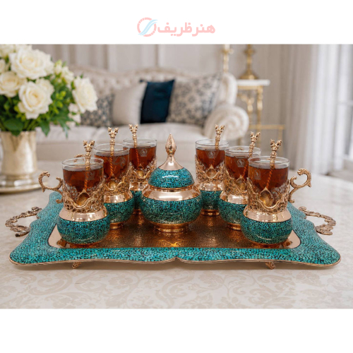 سرویس چای خوری فیروزه کوبی و قلمه زنی شش نفره