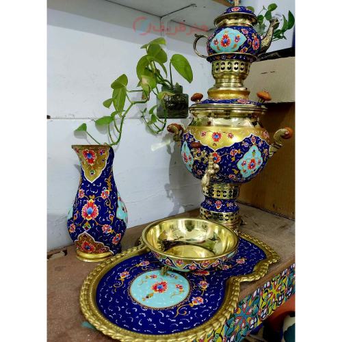 سرویس سماور برنجی پرداز گل و بوته نانو چهار لیتری با قوری