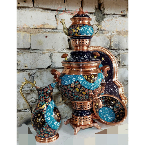 خرید سماور مسی ۴ لیتری پرداز نانو با رنگ ثابت؛ سرویس سماور شیک و کاربردی برای پذیرایی و دکوراسیون، مناسب علاقه‌مندان به ظروف مسی.